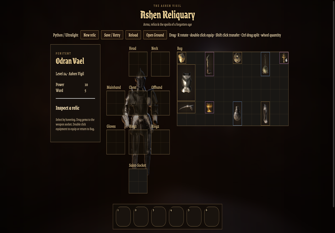 Ashen Reliquary 真实原生录制：装备、拖拽旋转、快捷栏绑定、镶嵌与拆分，以及 Python 后端生成新物品
